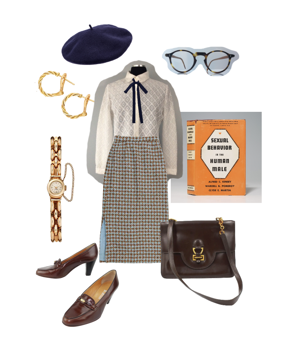 1950's college freshman, blue/brown tweed skirt, white lacy blouse with black bow tie, gold earrings and watch, brown leather oxfords and satchel, navy beret, tortoiseshell glasses, copy of 1948's 'Sexual Behavior in the Human Male' by Kinsey et al. 